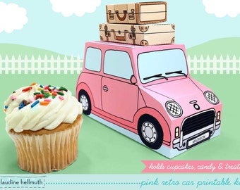 pink retro car -  cupcake box holds cookies and treats, gift and favor box, party centerpiece printable PDF kit - INSTANT download