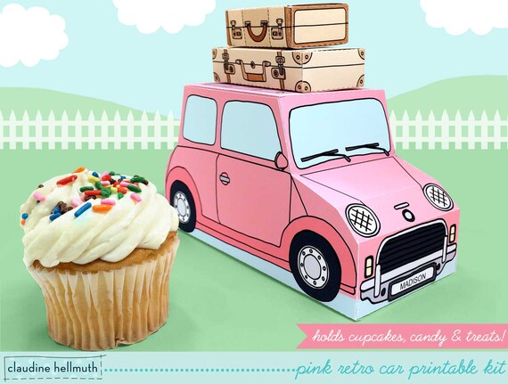 pink retro car - cupcake box holds cookies and treats, gift and favor box, party centerpiece printable PDF kit - INSTANT download Il_570xn