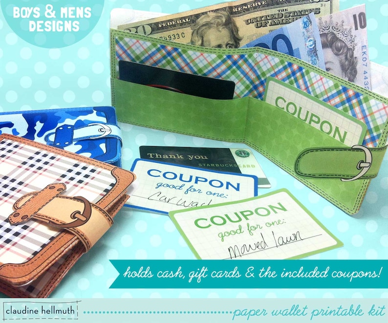 paper wallets gift card, money holder with included chore coupons, printable PDF kit INSTANT download image 3