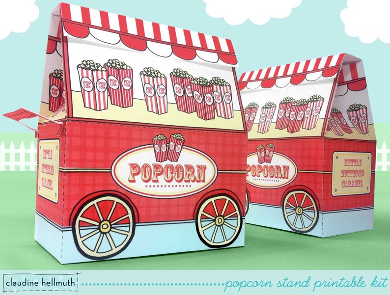 popcorn stand party favor, candy and treat boxes, gift card holders printable PDF kit INSTANT download image 1