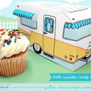 yellow retro camper -  cupcake box holds cookies and treats, gift and favor box, party centerpiece printable PDF kit - INSTANT download