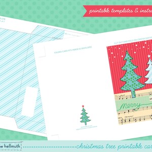 May include: Printable Christmas card kit featuring a red and white striped card with two green and blue Christmas trees, a musical note background, and the text "Merry" and "comfort and". The kit includes a printable envelope with a blue and white striped pattern.