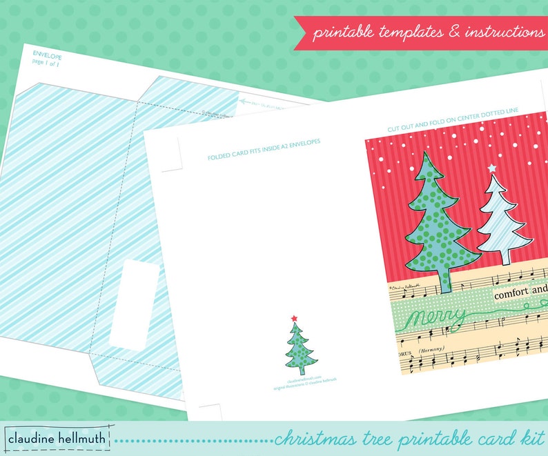 May include: Printable Christmas card kit featuring a red and white striped card with two green and blue Christmas trees, a musical note background, and the text "Merry" and "comfort and". The kit includes a printable envelope with a blue and white striped pattern.