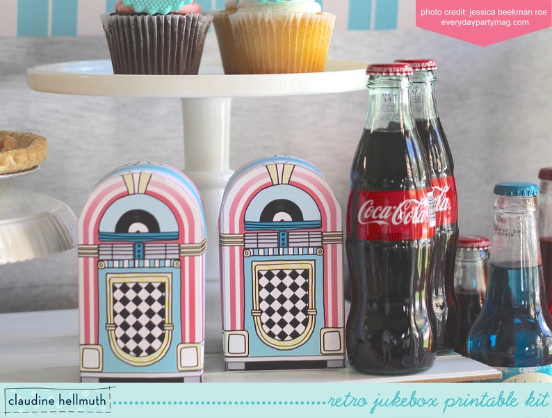 retro jukebox favor box holds candy, gift cards and treats party printable PDF kit INSTANT download image 3