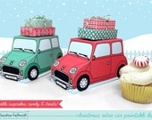 christmas retro cars -  cupcake boxes hold cookies and treats, gift and favor boxes, centerpiece printable PDF kit - INSTANT download