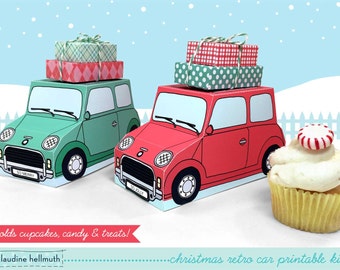 christmas retro cars -  cupcake boxes hold cookies and treats, gift and favor boxes, centerpiece printable PDF kit - INSTANT download