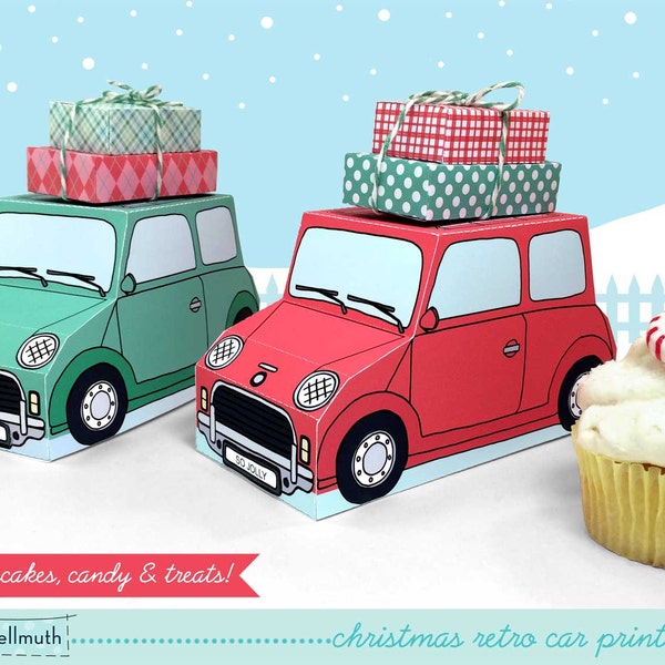 Christmas Retro Cars - Cupcake Boxen halten Kekse und Leckereien, Geschenk- und Günstlingsboxen, Herzstück druckbares PDF-Kit - SOFORTIGER Download