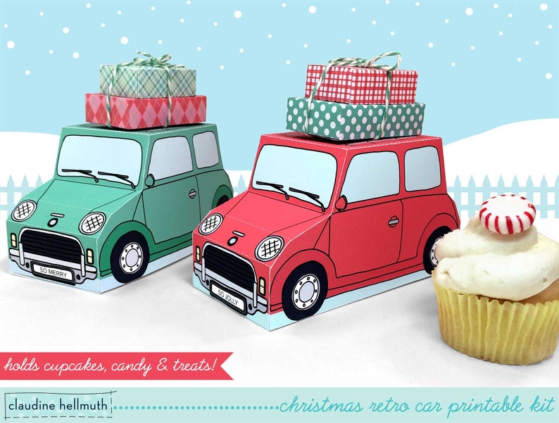 christmas retro cars -  cupcake boxes hold cookies and treats, gift and favor boxes, centerpiece printable PDF kit - INSTANT download 