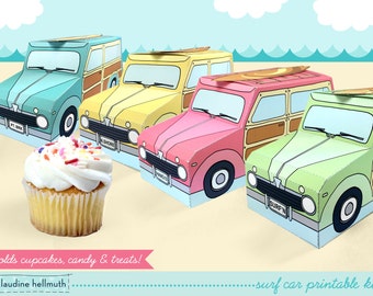 set of 4 woody surf cars - cupcake boxes hold cookies and treats, gift and favor box  printable PDF kit - INSTANT download