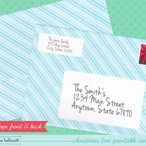 May include: A blue and white striped envelope with a handwritten address on the front. The address reads "The Smith's 1234 Main Street Anytown, State 67890". The back of the envelope has a blue and white striped pattern and a stamp with a red poinsettia.