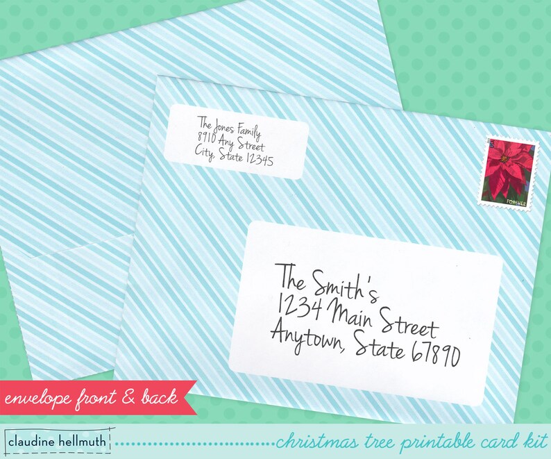 May include: A blue and white striped envelope with a handwritten address on the front. The address reads "The Smith's 1234 Main Street Anytown, State 67890". The back of the envelope has a blue and white striped pattern and a stamp with a red poinsettia.