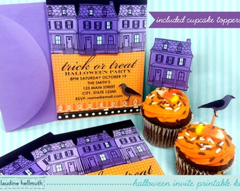 halloween party printable invite with cupcake toppers - editable text you can customize yourself PDF - INSTANT download