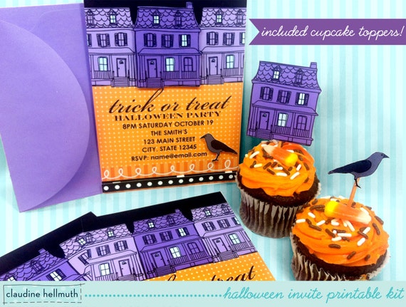 halloween party printable invite with cupcake toppers - editable text you can customize yourself PDF - INSTANT download Il_570xn