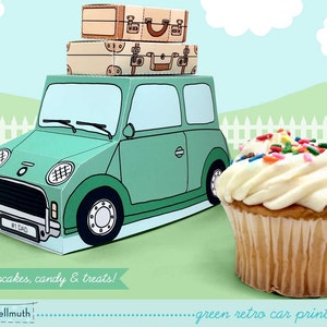 green retro car -  cupcake box holds cookies and treats, gift and favor box, party centerpiece printable PDF kit - INSTANT download