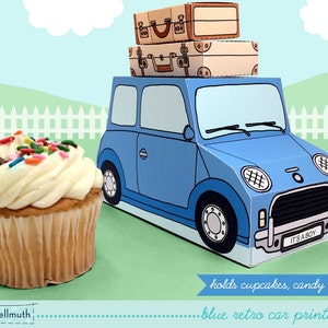 blue retro car cupcake box holds cookies and treats, gift and favor box, party centerpiece printable PDF kit INSTANT download image 1