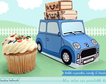 blue retro car -  cupcake box holds cookies and treats, gift and favor box, party centerpiece printable PDF kit - INSTANT download