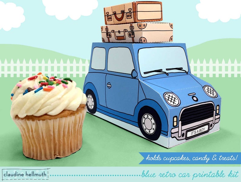 blue retro car cupcake box holds cookies and treats, gift and favor box, party centerpiece printable PDF kit INSTANT download image 1