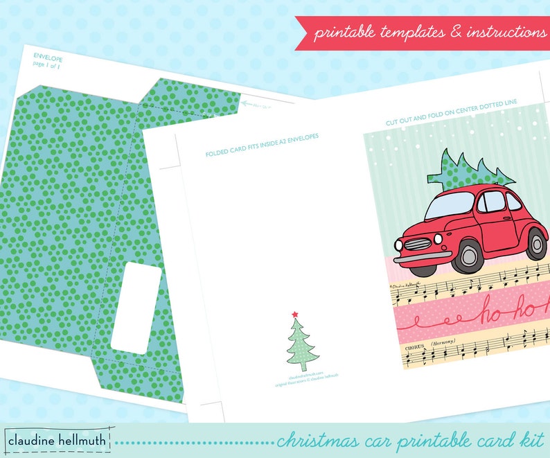 christmas card printable kit red retro car with tree holiday greeting card printable INSTANT download PDF image 4