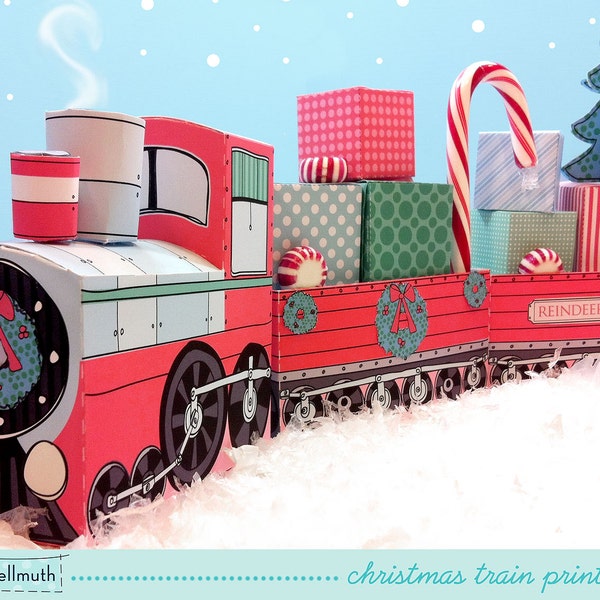 ensemble de train de Noël - boîte de faveur et pièce maîtresse de fête, détient des cannes de bonbon, petits cadeaux, cupcakes - kit PDF imprimable - Téléchargement INSTANTANÉ