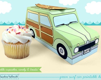 green woody surf car -  cupcake box holds cookies and treats, gift and favor box, party centerpiece printable PDF kit - INSTANT download