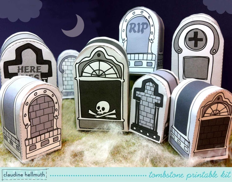 halloween tombstones candy box, party favor box & place setting marker, table centerpiece printable PDF INSTANT download image 1