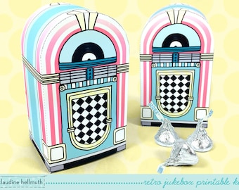 retro jukebox - presentask för godis, presentkort och godsaker, utskrivbart PDF-kit för fest - DIREKT nedladdning