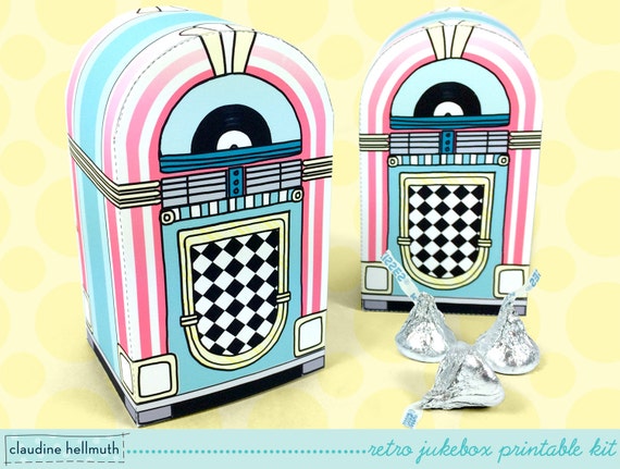 retro jukebox - favor box holds candy, gift cards and treats party printable PDF kit - INSTANT download Il_570xn