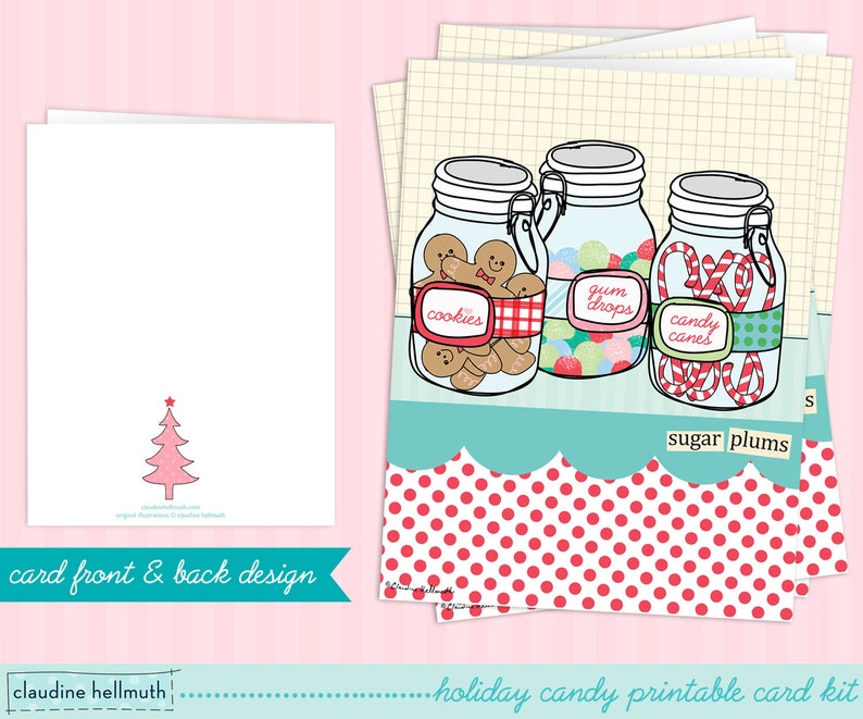 christmas card printable kit sugar plums holiday candy jars greeting card printable INSTANT download PDF image 2