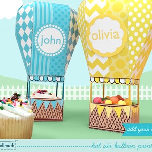 hot air balloon mini cupcake and favor box, holds candy & treats, party centerpiece mobile printable PDF kit INSTANT download image 3