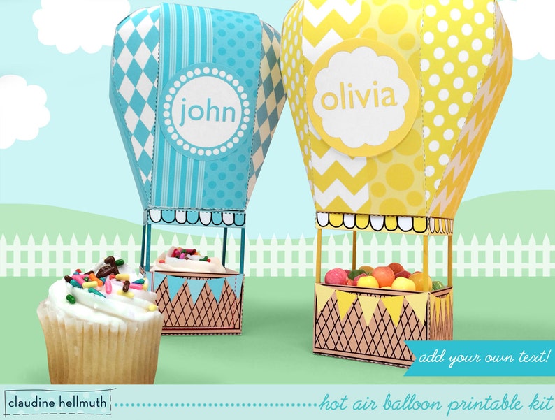 hot air balloon mini cupcake and favor box, holds candy & treats, party centerpiece mobile printable PDF kit INSTANT download image 3