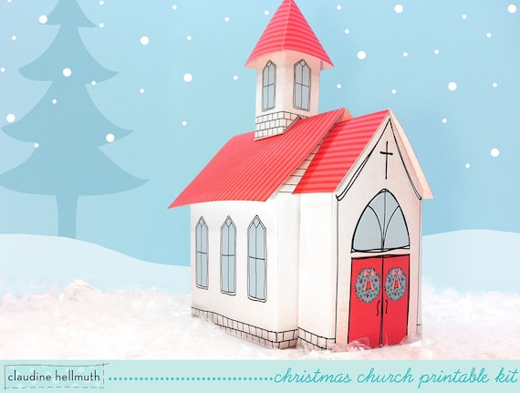 christmas church - candy gift box, party favor box, centerpiece decoration, paper printable PDF kit - INSTANT download Il_570xn