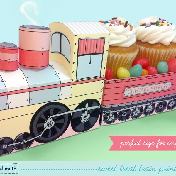 sweet treat train set -  party centerpiece and favor box, holds cupcakes, candy, Easter eggs etc - printable PDF kit - INSTANT download