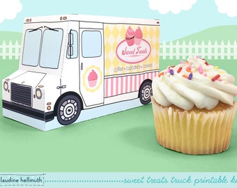 sweet treats truck -  cupcake box holds standard and mini cupcakes, cookies, candy, favors and gifts PDF kit - INSTANT download