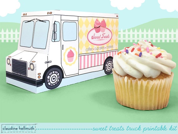 sweet treats truck - cupcake box holds standard and mini cupcakes, cookies, candy, favors and gifts PDF kit - INSTANT download Il_570xn