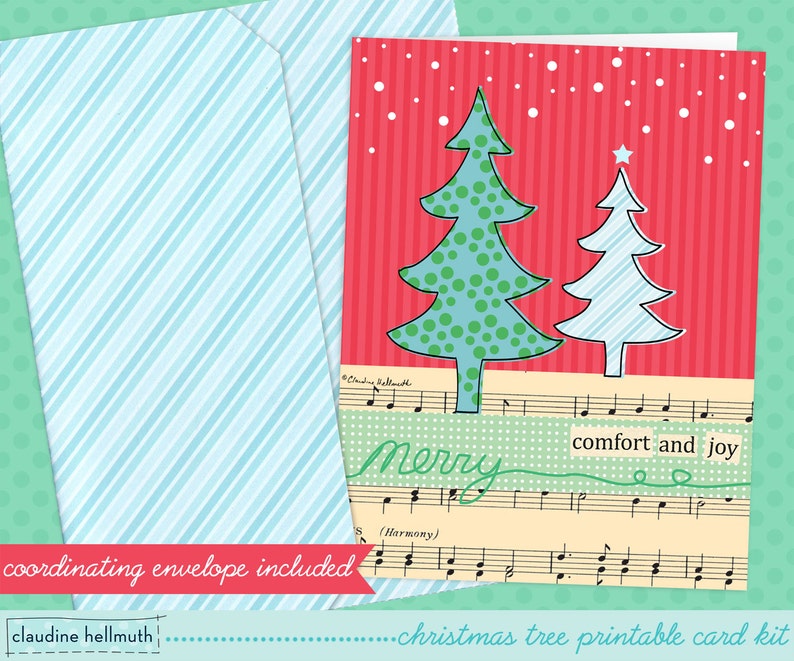 May include: Printable Christmas card kit featuring two stylized Christmas trees on a red and white striped background with the text "Merry comfort and joy" on a musical staff.