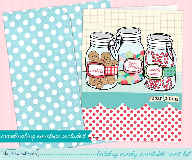 christmas card printable kit sugar plums holiday candy jars greeting card printable INSTANT download PDF image 1