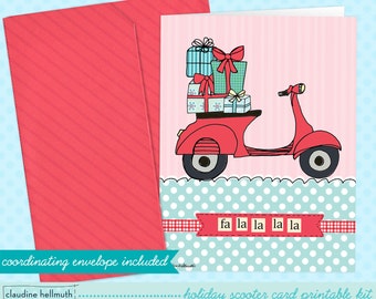 christmas card printable kit -  red retro scooter holiday greeting card printable INSTANT download PDF