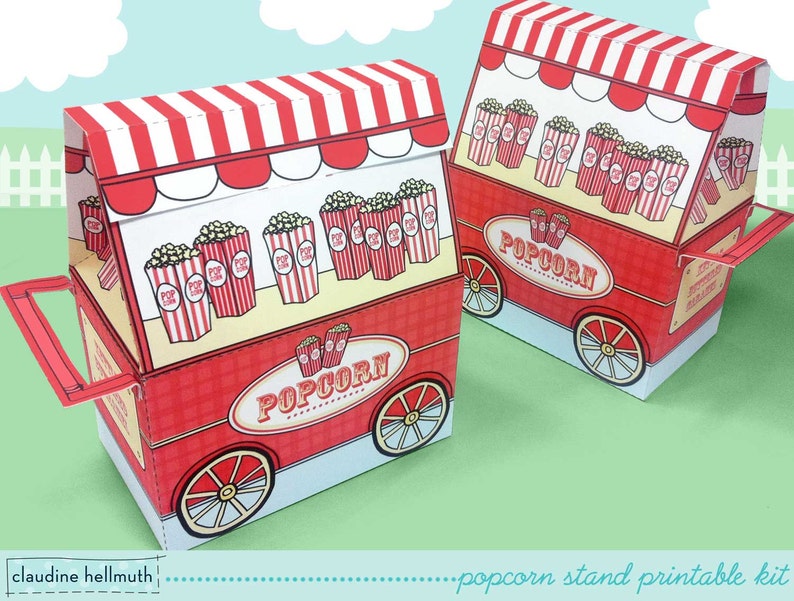 popcorn stand party favor, candy and treat boxes, gift card holders printable PDF kit INSTANT download image 2