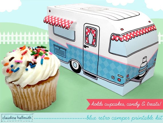 blue retro camper - cupcake box holds cookies and treats, gift and favor box, party centerpiece printable PDF kit - INSTANT download Il_570xn