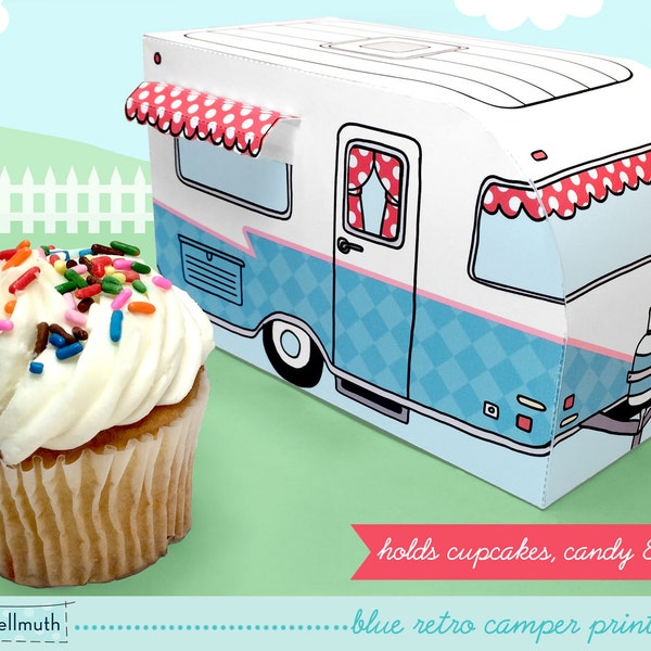 blue retro camper -  cupcake box holds cookies and treats, gift and favor box, party centerpiece printable PDF kit - INSTANT download