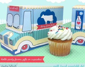 May include: A printable milk truck party favor box kit with a blue, yellow, and green color scheme. The box features a cartoon milk truck with the words "ice cold milk" and "dairy farm fresh". The kit also includes a printable milk bottle box and a cupcake.
