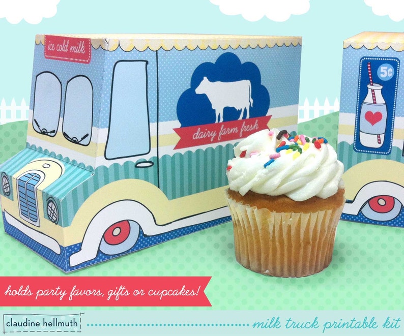 milk truck cookie box, cupcake holder, favor box, party centerpiece printable PDF kit INSTANT download image 1