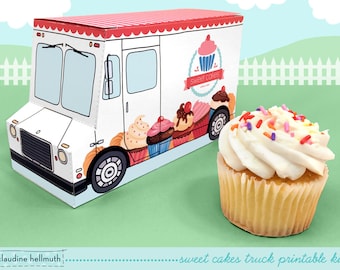 sweet cakes truck -  cupcake box holds standard and mini cupcakes, cookies, candy, favors and gifts PDF kit - INSTANT download