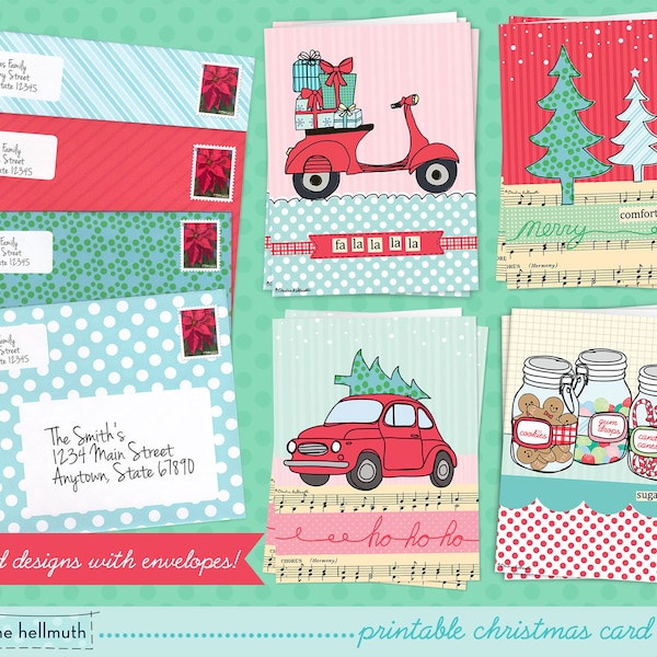 christmas card SET OF 4 designs printable kit - holiday greeting card printable pack  - instant download PDF