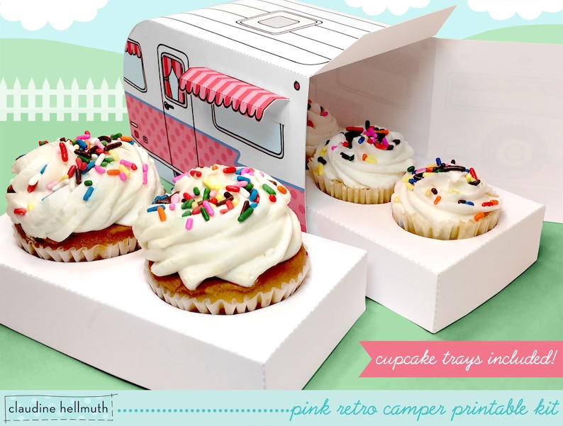 pink retro camper cupcake box holds cookies and treats, gift and favor box, party centerpiece printable PDF kit INSTANT download image 2