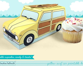 yellow woody surf car -  cupcake box holds cookies and treats, gift and favor box, party centerpiece printable PDF kit - INSTANT download