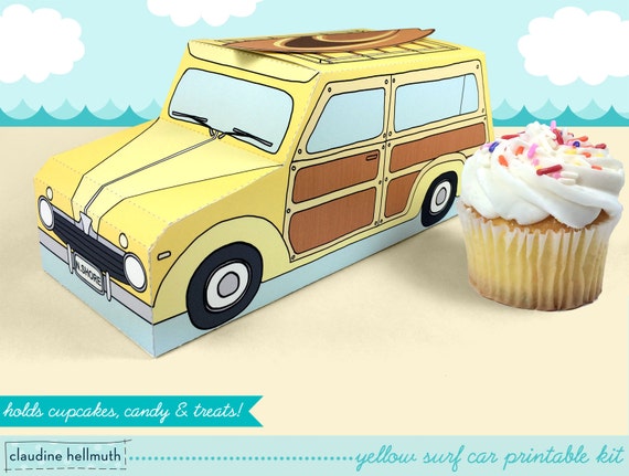 yellow woody surf car - cupcake box holds cookies and treats, gift and favor box, party centerpiece printable PDF kit - INSTANT download Il_570xn