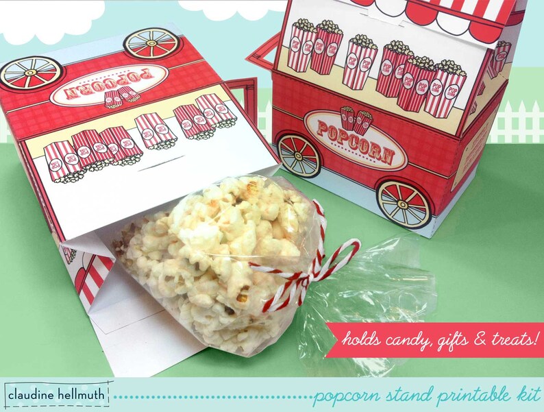 popcorn stand party favor, candy and treat boxes, gift card holders printable PDF kit INSTANT download image 3