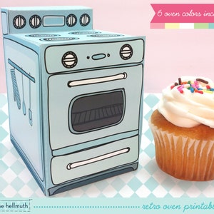 retro oven cupcake box, cookie, candy, treat and party favor box, gift card holder, paper printable PDF kit INSTANT download image 1