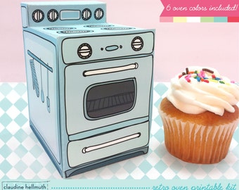 horno retro - caja de cupcakes, galletas, dulces, golosinas y cajas de favores de fiesta, soporte para tarjetas de regalo, kit PDF imprimible en papel - descarga INSTANTÁNEA